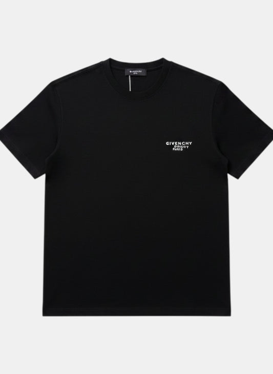 Butik X Moda black cotton t-shirt with small white GIVENCHY PARIS logo on the chest.