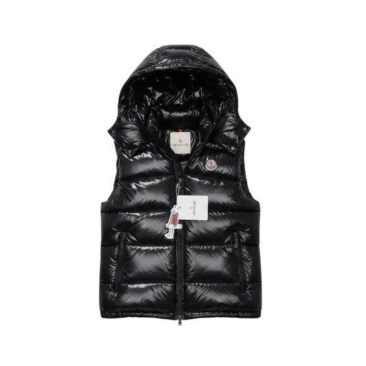 Butik X Moda black shiny puffer vest with hood and zip closure. Features Moncler logo.